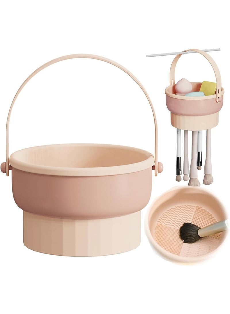 ChicAbode Makeup Brush Cleaner Mat 3 in 1 Silicone Makeup Brush Cleaner Bowl with Brush Drying Holder Cosmetic Brushes Cleaning Tool Organizer for Storage & Air Dry (Khaki) - Image 1
